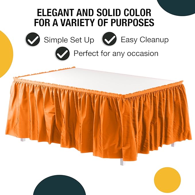 Exquisite Ruffle Table Skirt Orange 48 Pack 14 Ft Long Table Skirts for Rectangle Tables 6ft Plus or Round Tables Skirts with Adhesive Strip for Gender Reveal Decor & Happy Birthday Parties