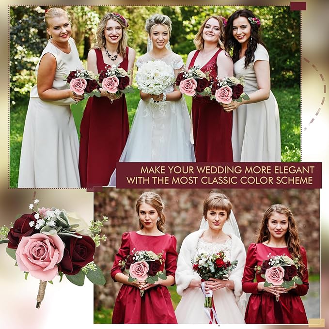 Set of 6 Artificial Bridesmaids Bouquets for Wedding -7 Inch Bridesmaid Bouquet Blush & Burgundy Silk Rose Pre-made Small Wedding Flowers for Bridal Shower Centerpieces Ceremony & Anniversary