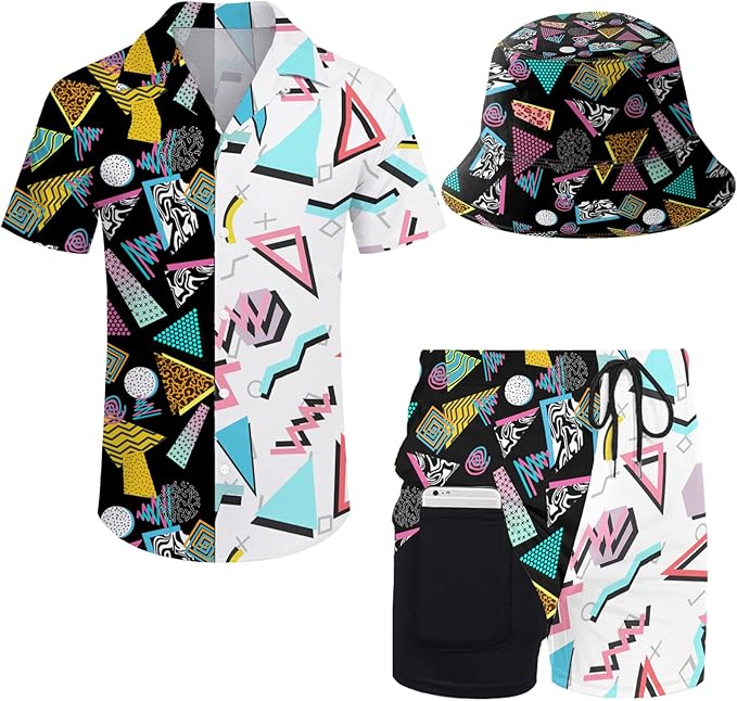 Men's Hawaiian Shirt and Shorts Set 2 Piece Beach Outfits with Bucket Hats for Beach Days and Summer Vibes
