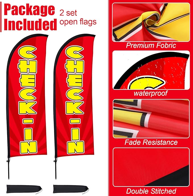 Buryeah 2 Sets Check-in Feather Flag 8 ft Check-in Advertising Banner Swooper Flag with Pole Kit and Ground Stake for Marathons and Special Events Outside, Red