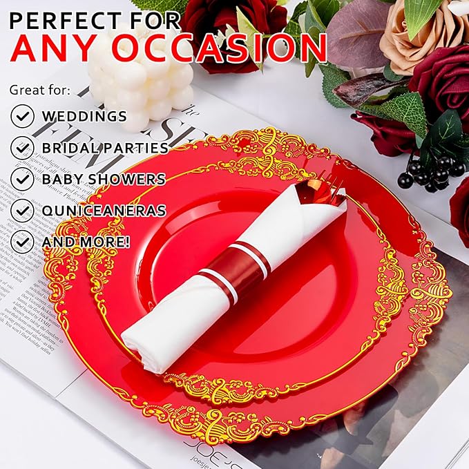 400PCS Pre Rolled Red Plastic Silverware Sets - Heavy Duty Red Cutlery - Include 100 Pack Wrapped Disposable Utensils with Napkins for Valentine's Day Parties & Dinners & Weddings