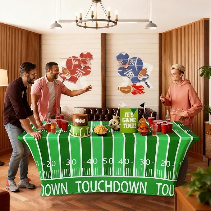 Oudain 2 Pcs Football Stretch Table Cover 6 Feet Football Spandex Table Clothes Sport Theme Party Decorations for Holiday Party Celebration Picnic Dinner Decor