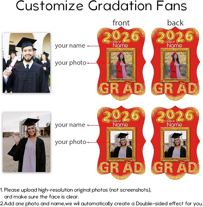 Personalized Graduation Double Sided Face Fan Class of 2026 Customized Graduation Head Face Cutout with Handle Fun Photo Prop Supplies(A-Red and Gold,24pcs)