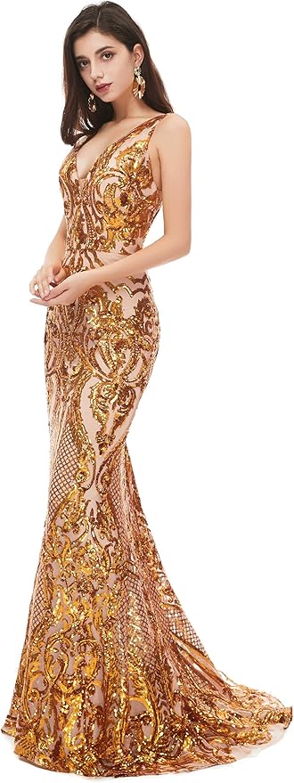 Women's Double V-Neck Sequins Lace-up Mermaid Evening Dress