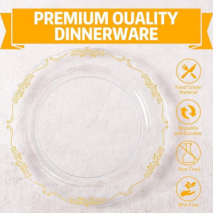 U-QE 100PCS Clear Gold Plastic Plates - Disposable Heavy Duty Clear Plates with Gold Rim Including 50PCS 10'' Dinner Plates & 50PCS 7.5'' Dessert Plates Perfect for Party, Weddings