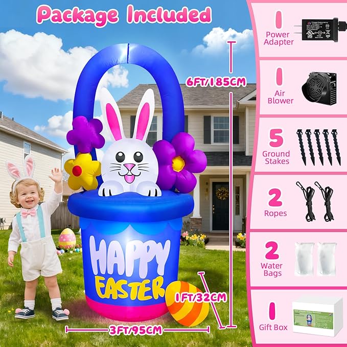 Danxilu 6 FT Easter Inflatables Outdoor Decorations, Cute Blow Up Easter Bunny in Flower Basket for Outside, Built in LED Lights Holiday Inflatable Yard Decoration for Spring Party Indoor Garden Lawn
