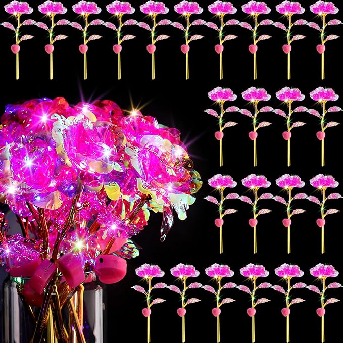 Lyrow 24 Pcs Valentines Galaxy Rose LED Light up Rose Flower Gifts Crystal Artificial Rainbow Flower for Valentine Lover Girlfriend Mom Her Mother's Day Birthday Wedding Gift, 9.84 Inches (Pink)