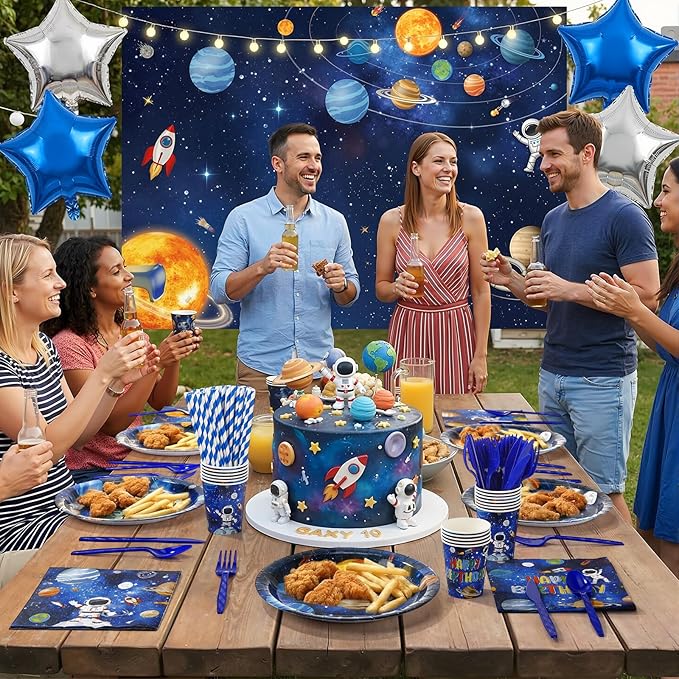 450 Pcs Space Birthday Tableware Set Decorations, Solar System Paper Plates Napkins Cups Cutlery Straws for Astronaut Theme Birthday Baby Shower Party Supplies, Serves 50