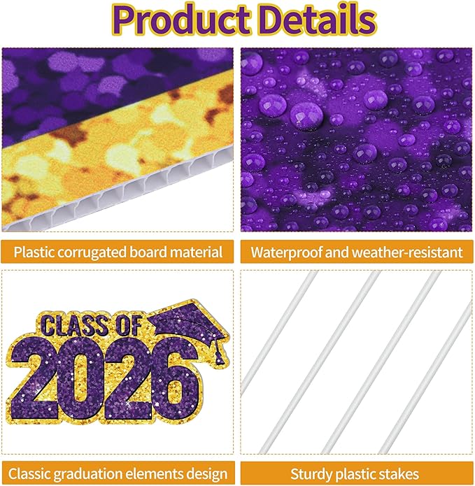 ANVAVO 2026 Congrats Grad Yard Signs Graduation Waterproof Decorations Graduation Yard Sign Decorations Grad Party Outdoor Lawn Decor with Stakes, Purple and Gold