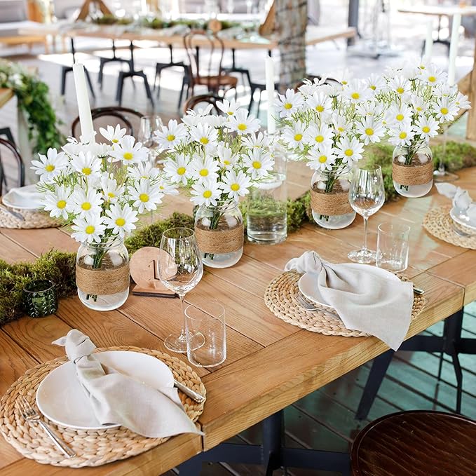 43 Pcs/ 6 Set Daisy Mason Jar Table Centerpiece Mason Jar Vases Faux Floral with Rope Boho Rustic Flower Table Decoration for Reception Engagement Party Bridal Shower Wedding