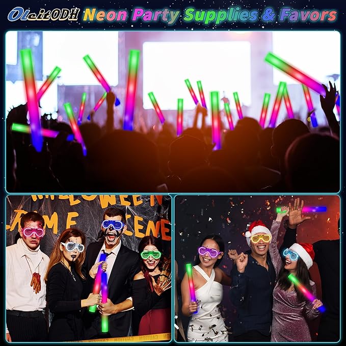Glow in the Dark Party Supplies Set Bulk Neon Party Favor Toys Includes 30 Led Light up Glasses 10 Color 30 Light up Foam Sticks Bulk for Disco Wedding Birthday Concert Halloween Raves Party