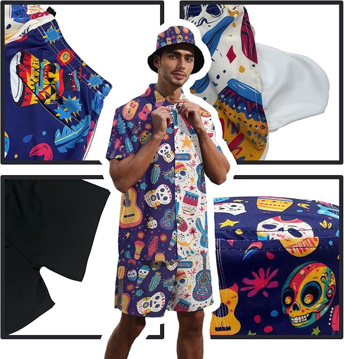 Men's Hawaiian Shirt and Shorts Set 2 Piece Beach Outfits with Bucket Hats for Beach Days and Summer Vibes