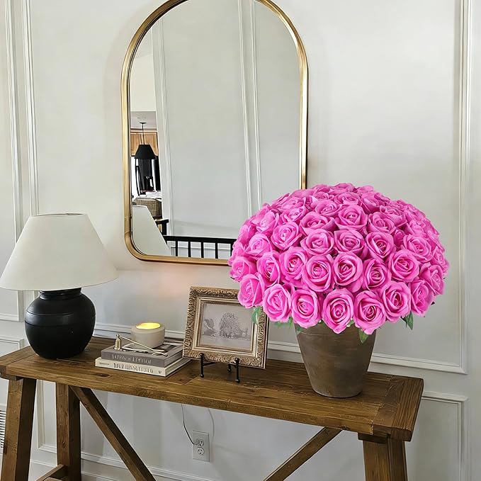 50 PCS Roses Artificial Flowers, Fake Roses with Stem Realistic Hot Pink Silk Rose for DIY Wedding Bouquets Table Centerpieces Arrangements Baby Shower Birthday Home Decor Valentine's Day Gift for Her