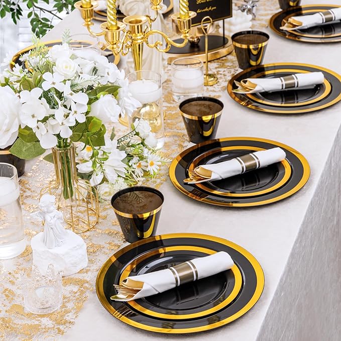 YOUBET 350PCS Black and Gold Plastic Plates - Gold Disposable Dinnerware Sets for 50 Guests - 100 Plastic Plates, 150 Gold Silverware, 50 Cups, 50 Pre Rolled Napkins for Party & Wedding