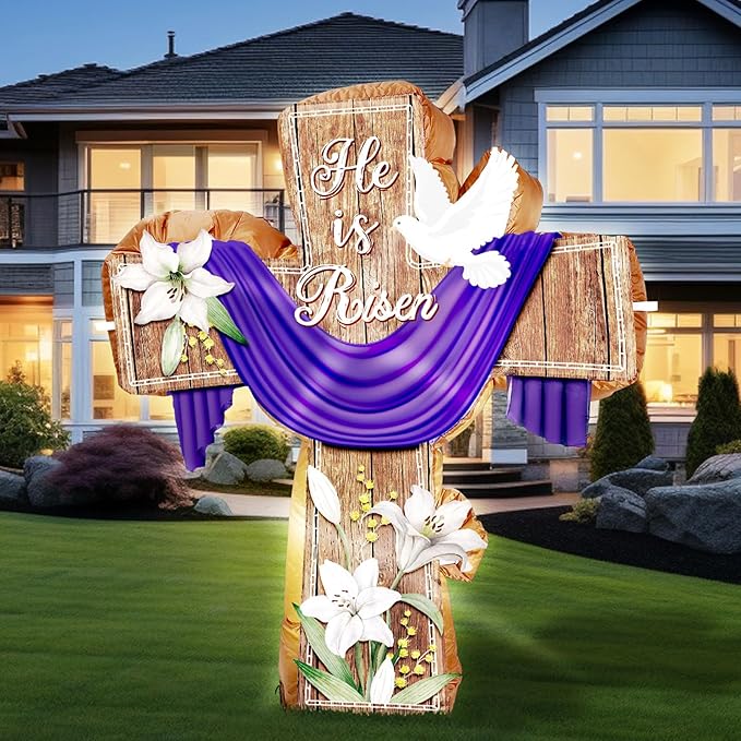 VIHOSE Easter Inflatable Decor 4.5 Ft He is Risen Blow Up Decoration Religious Cross Inflatables with LED Lights Christian Inspirational Yard Decor for Garden Lawn Indoor Holiday Party Supplies