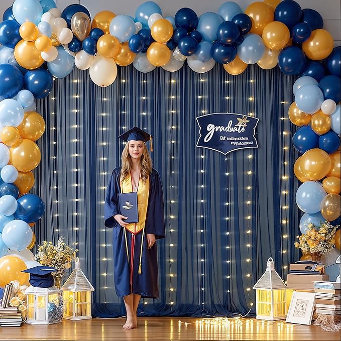 20x10ft Navy Blue Tulle Backdrop Curtain with Lights String for Parites, Sheer Photo Backdrop Curtains with Lights for Wedding Backdrop Ceremony Reception Bridal Shower Baby Shower Birthday Party