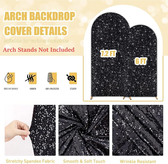Arch Backdrop Cover Set of 2 Wedding Arch Covers 7.2FT and 6FT Black Spandex Sequin Arched Covers Stretchy Backdrops Balloon Chiara Backdrop Stand Cover for Birthday Party Bridal Baby Shower Decor