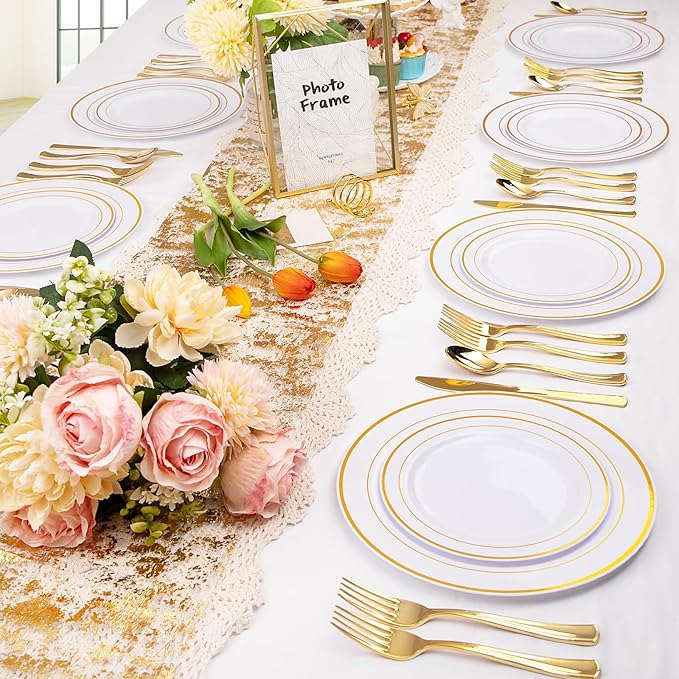 I00000 300 Pcs Gold Plastic Plates with Silverware, White and Gold Plastic Dinnerware Set for Party include: 60Dinner Plate 10.25", 60Dessert Plate 7.5", 60 Silverware Sets for Wedding & Party