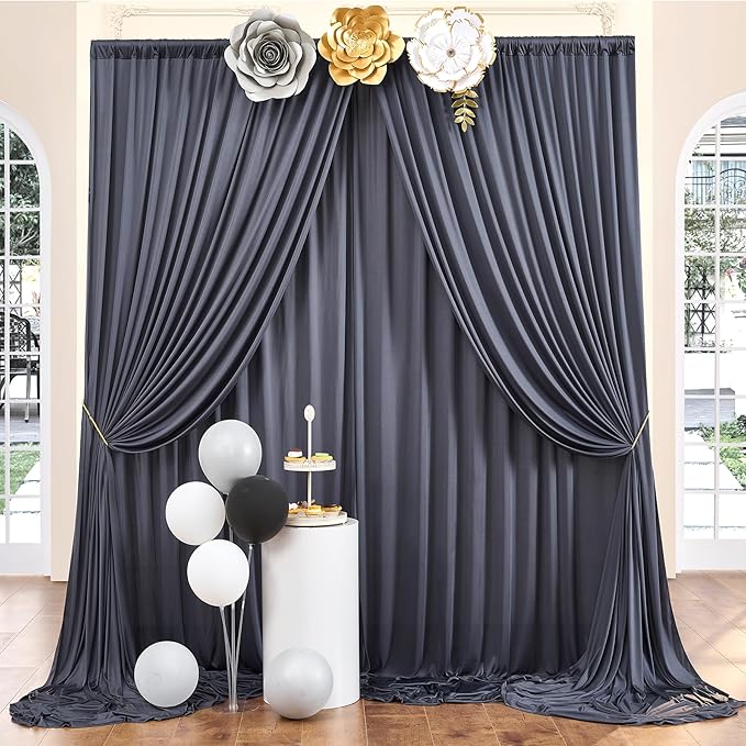 40ft×10 ft Wrinkle Free Grey Backdrop Curtain for Parties, 8 Panels 5×10 ft Soft Silky Polyester Charcoal Photo Backdrop Drapes for Birthday Baby Shower Baptism Wedding Photography