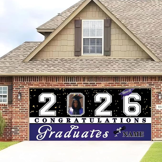 Custom Photo Graduation Garage Door Banner Personalized 2026 Grad Banner 7x16ft Porch Door Sign Decoration Outdoor Photo Booth Backdrop Party Supplies(Purple)