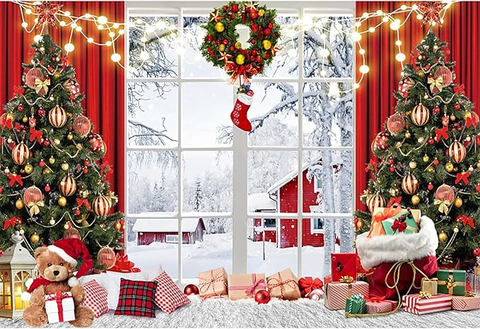 Baocicco 10x6.5ft Merry Christmas Photo Background Red Gold Xmas Winter Festival Snowfalke Baubles Backdrop Photography Family Holiday Party Banner New Year Photo Booth Background Party Decorations