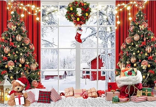 Baocicco 10x6.5ft Merry Christmas Photo Background Red Gold Xmas Winter Festival Snowfalke Baubles Backdrop Photography Family Holiday Party Banner New Year Photo Booth Background Party Decorations