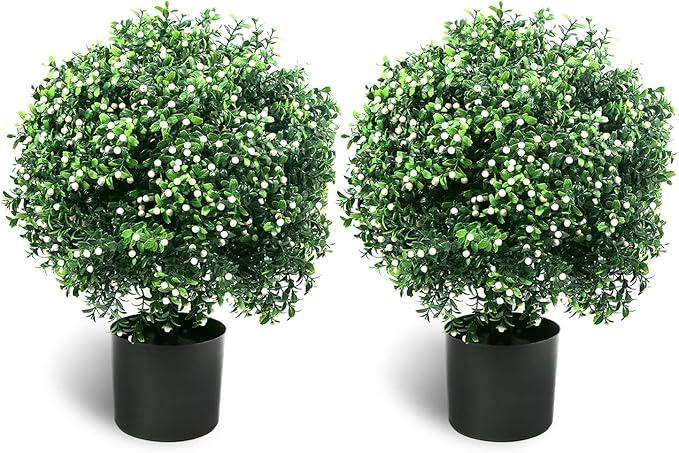 Sunnyglade 21.6” Tall Artificial Jasmine Topiary Ball Tree Set of 2 Pack Potted Bushes UV Resistant Potted Plants for Indoor Outdoor Home Garden (White)