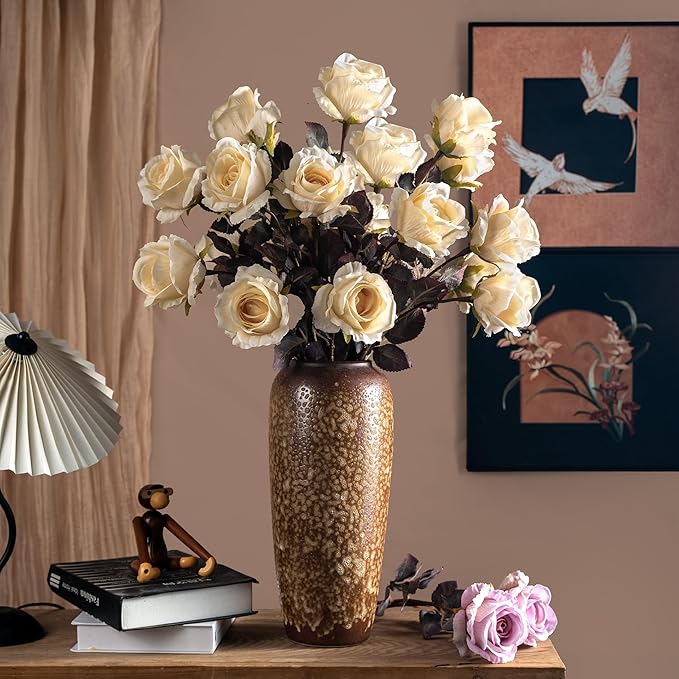 Artificial Flowers Artificial Roses 23.2In Fake Roses Long Stem Artificial Flowers for Tall Vase Silk Rose Suitable for Indoor Decor Wedding Party Decor DIY Bouquet Autumn (Milky White，20PCS)