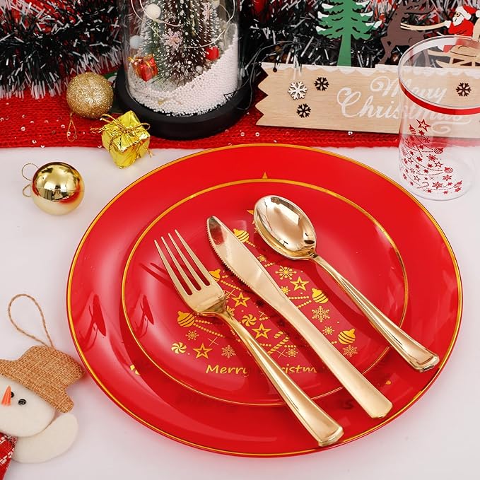 LIYH 150 Pcs Red Plastic Christmas Plates - Disposable Dinnerware Set, Christmas Plastic Plates, Red Silverware Set, Disposable Xmas Cups 10 OZ Holiday Tableware Dishes for Xmas Day 25 Guests
