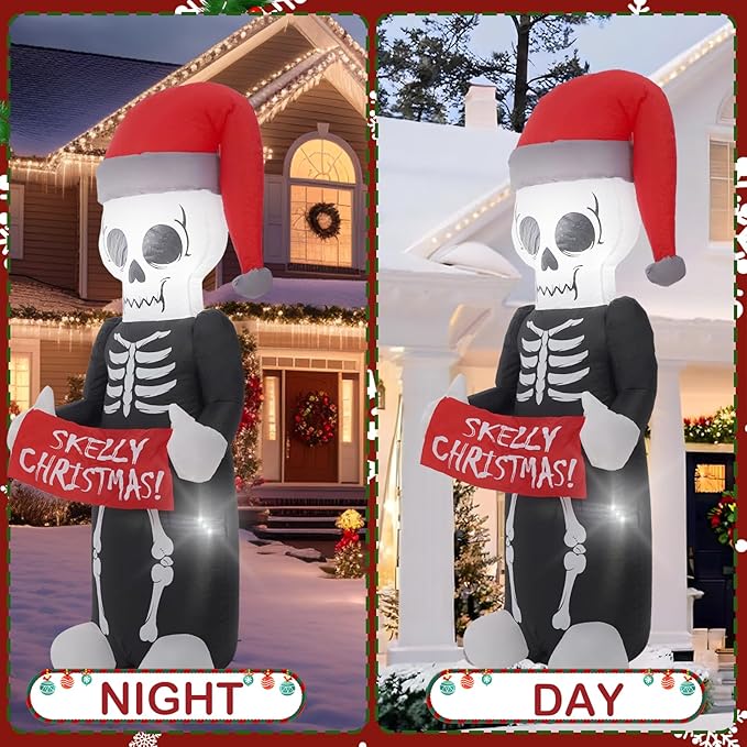 5 FT Christmas Hat Skeleton, Outdoor Inflatable Decorations with Built-in LED Lights for Gothic Style Holiday Inflatable White Christmas for lawns, Gardens, and Outdoor use