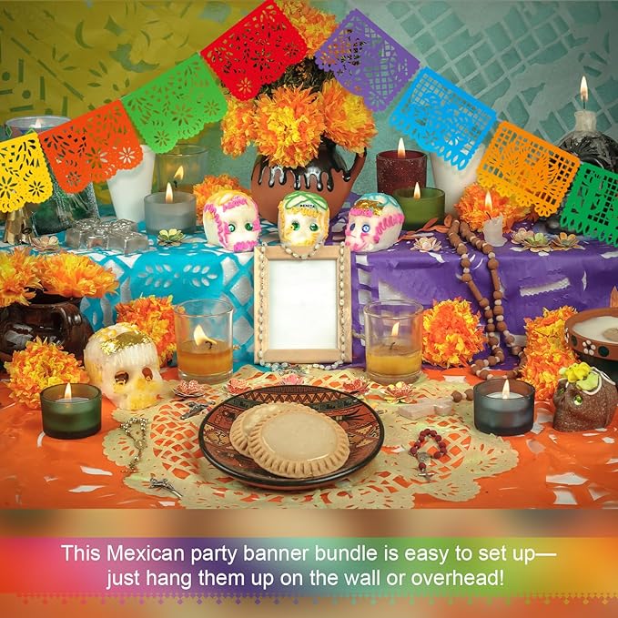 10 Pack Mexican Party Banners Total 170 Feet, Paper Picado Banner Mexican Party Decorations Day of The Dead Fiesta Decorations for Dia De Los Muertos Decor Supplies
