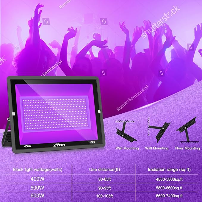 2 Pack 600W LED Black Lights, 395nm to 410nm Outdoor Flood Blacklight Light with Plug, IP66 Waterproof forGlow in The Dark, Dance Party, Stage Lighting, Body Paint, Fluorescent Poster, Neon Glow