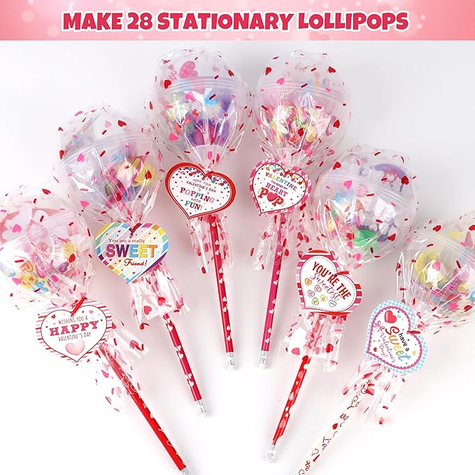 POPGIFTU Valentine Classroom Exchange Gifts for Kids – 28 Pack Lollipop-Shaped Stationery with Cards, Pencils, Erasers, Rulers & Stickers for Boys and Girls, Party Favors for School