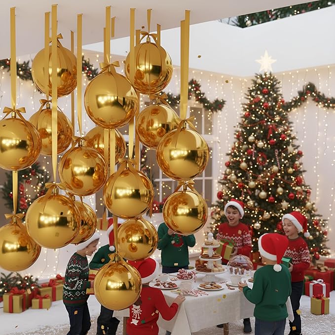 Jenaai 30 Set Round Foil Balloons Bulk 22 Inch 4d Metallic Giant Balloons Set with Satin Bows Ribbon for Ceiling Holiday Ornaments New Year Birthday Wedding Party Decoration(Gold)