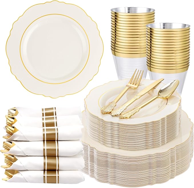 Liacere 350PCS Ivory Plastic Plates - Cream Disposable Plates With Gold Rim - 50Guest Baroque Plastic Dinnerware include 100 Plates - 50 Pack Pre Rolled Napkins with Silverware 50Cups for Easter