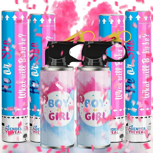 2 Pack Pink Gender Reveal Fire Extinguishers with 4 Pack Pink Confetti Cannons for Baby Girl Gender Reveal Party
