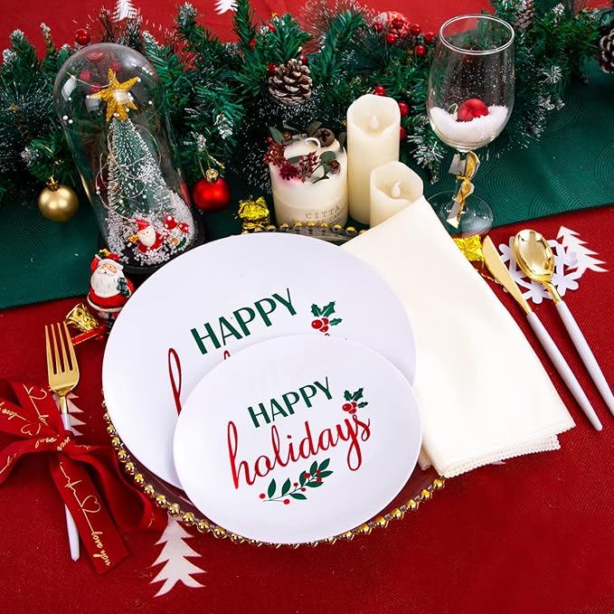 Supernal 150pcs Christmas Plastic Plates Disposable Holiday Plates,Christmas Dinnerware with Xmas Plate,White and Gold Plastic Silverware, Disposable Party Plate with "Happy Holiday"