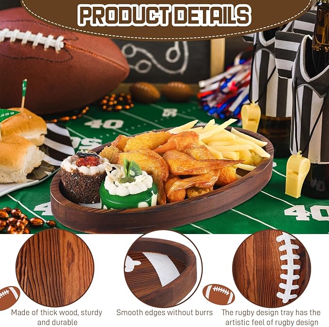 Hushee 3 Pcs Football Serving Trays and Platters 13 Inch Wooden Shaped Football Serving Dishes Tailgate Party Platter Snack for Game Party Decoration(Elegant Style)