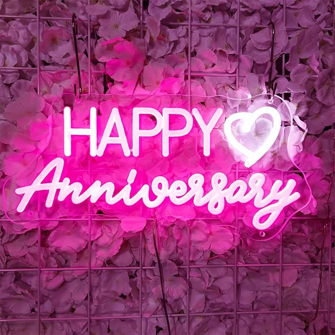 Happy Anniversary Neon Sign,Happy Anniversary Led Signs, Decoration Neon Lights for Bar Pub Christmas, Restaurant, Bedroom Wall Decor Cute Neon Signs Engagement Birthday Wedding Party,SIGNVIA