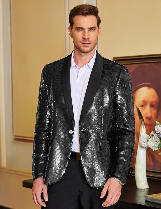 COOFANDY Mens Shiny Sequin Blazer Tuxedo Party Dinner Prom One Button Suit Jacket