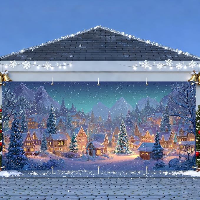 Christmas Garage Door Banner 7x16FT Winter Village Scene, Large Snowy Town Garage Door Cover, Outdoor Xmas Decoration Backdrop for Yard, Driveway & Holiday Parties