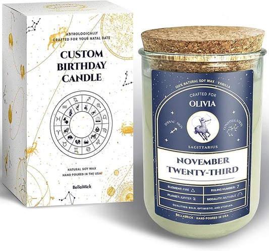 Personalized Birthday Candles - Custom Birthdate Astrological Zodiac Scented Candles. Astrology Gifts. All Natural Soy Wax. 75+ Hour Burn Time. Made in USA