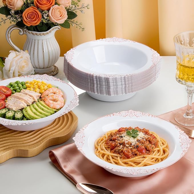 100 Pack White Plastic Bowls with Rose Gold Relief Rim, 12oz Plastic Salad Bowl, Disposable Bowls for Party, Dinners, Weddings, Christmas, Thanksgiving, Valentine's Day