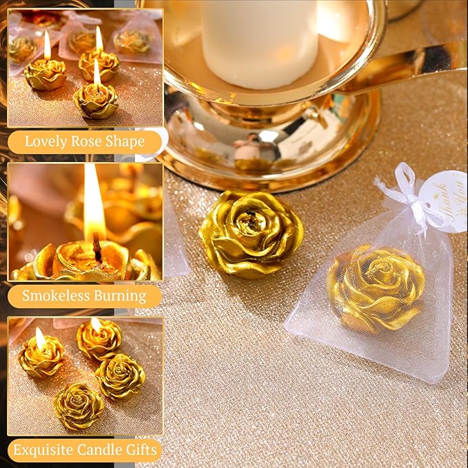 Treela 50 Set Flower Candles Wedding Favor for Guests Mini Gold Rose Shaped Tealight Candles for Return Gift Wedding Birthday Bridal Shower Housewarming Party