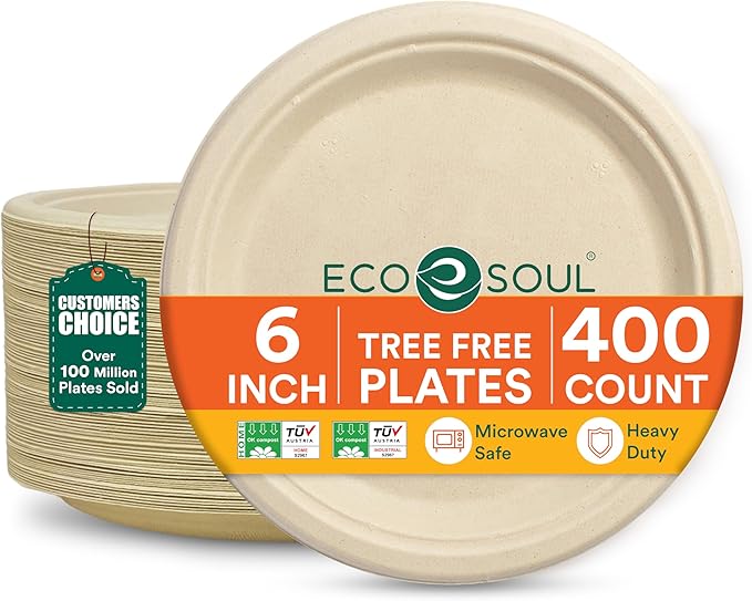 ECO SOUL 6 Inch Compostable Disposable Paper Plates [400 Pack] Food Safe 100% Virgin Bagasse Pulp Heavy Duty Biodegradable Microwave Safe Small Round Dessert Plate for Party, Picnic & BBQ (Brown)