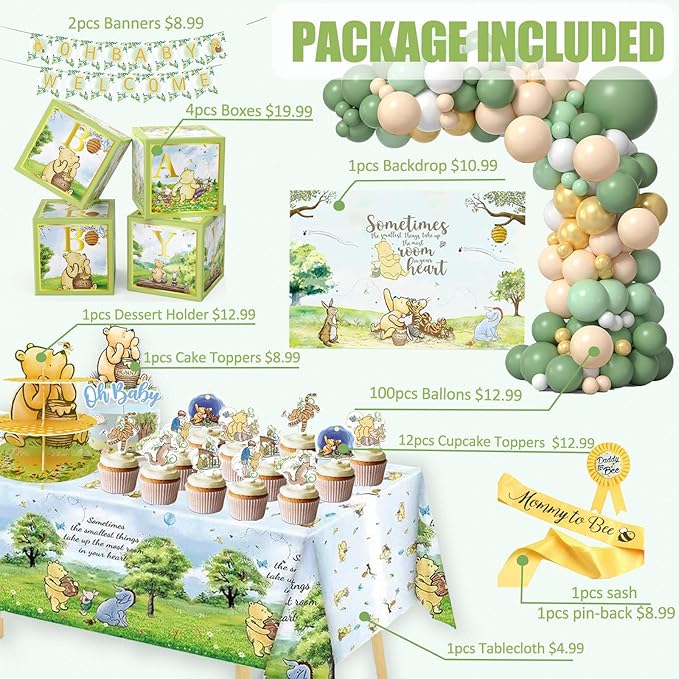 132pcs Classic Winnie Baby Shower Decorations Kit, All-in-1 Vintage Winnie Party Supplies Decorations, Classic The Pooh Backdrop Cake Topper, Winnie Baby Tablecloth Box Decorations for Baby Shower