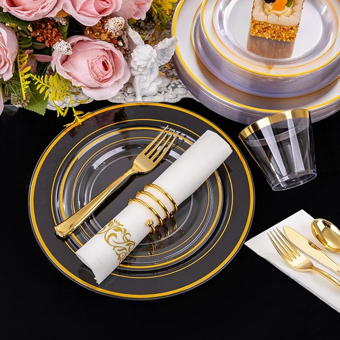 WELLIFE 350Pcs Clear and Gold Plastic Plates for 50 Guests - Disposable Plates for Party, Includes 100 Gold plates,150 Plastic Silverware, 50 Napkins, 50Cups, Disposable Dinnerware Set