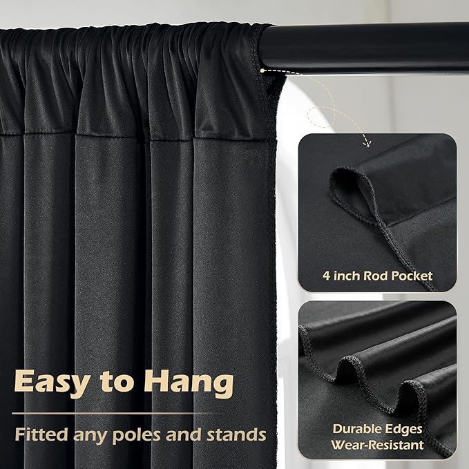 50ft x 8ft Wrinkle Free Black Backdrop Curtain for Parties Weddings, 10 Panels Silk Polyester Black Drapes for Backdrop 10 ft Photo Back Drop Cloth for Birthday Graduation Photography Background