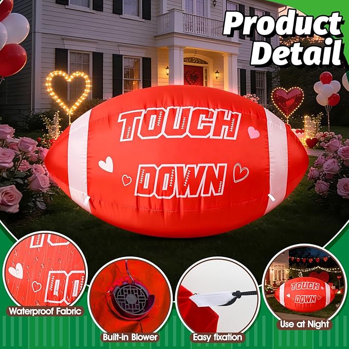 5FT Valentines Day Red Football Inflatable,Large Outdoor Blow Up Football Yard Decoration with Built-in LED Light for Football Lover Player Valentine Wedding House Living Room Garden Lawn Party Decor