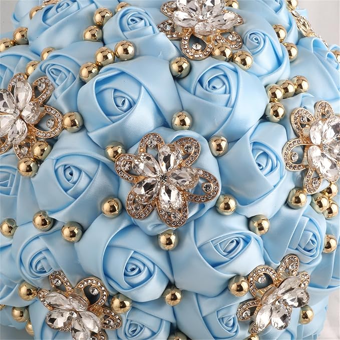 Bridal Wedding Bouquet for Bride Bridesmaid Wedding Quinceanera Throw Toss Artificial Rose Flower Bunch with Bling Brooch (66#Light Blue, Mini (Dia. 6.3"/16cm))